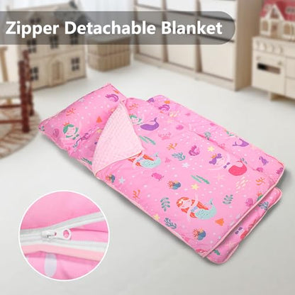 Primlect Toddler Nap Mat Extra Large Thickened 55''x35'', Soft Sleeping Bag with Detachable Minky Blanket and Pillow, Portable for Daycare, Preschool, Kindergarten, Travel, Boys and Girls - color: Pink Mermaid