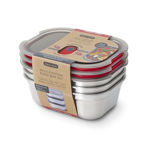 BLACK + BLUM Lunch Bowl Set - Reusable Meal Prep Containers for Picnic & Camping - Microwavable Stainless Steel Lunch Dinner Food Storage Box with Leak Proof Lid - Dishwasher Oven Safe - Small 22oz - size: Small Box Set (600ml x 3)