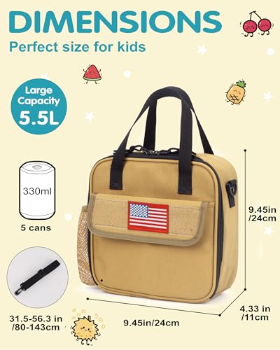 Tactical-style Lunch Bag 5L Kids Lunch Bag with Adjustable Shoulder Strap Easy to Clean Leakproof Wipeable liner Toddler Lunch Box Bag for Boys Girls School and Daycare - color: Brown