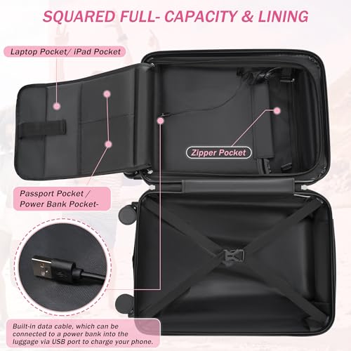 Merax Luggage Sets 5 Piece, Hardside 20" Half-opening Carry On Suitcase Set with USB Port,Lightweight Travel 24" 28" Luggage with Bags TSA Locks Double Spinner Wheels,Pink - color: Pink, size: 3 piece(20front open+24+28+bags)
