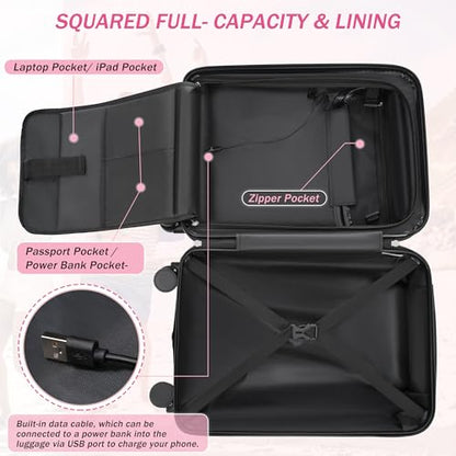 Merax Luggage Sets 5 Piece, Hardside 20" Half-opening Carry On Suitcase Set with USB Port,Lightweight Travel 24" 28" Luggage with Bags TSA Locks Double Spinner Wheels,Pink - color: Pink, size: 3 piece(20front open+24+28+bags)