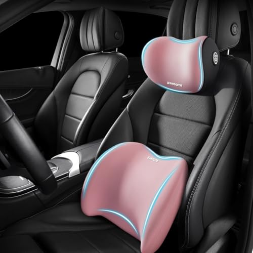 Car Headrest & Lumbar Support Cushion Kit, Ergonomic Car Seat Neck Pillow and Backseat Cushion for Driving Fatigue Relief, Driving Seat Memory Foam Neck Back Rest Pillows (Pink) - color: Pink