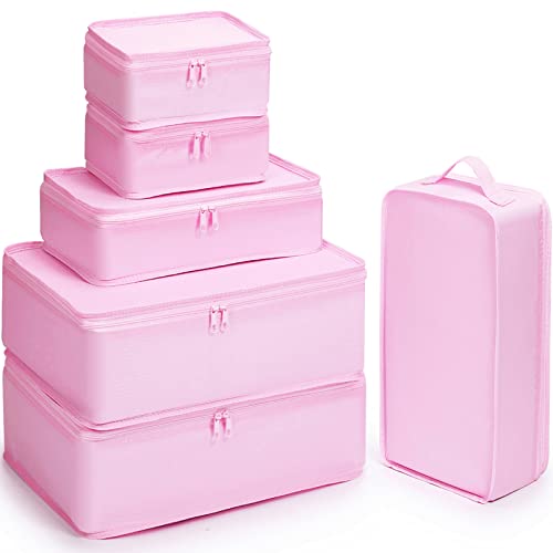 Mossio 6 Set Packing Cubes with Shoe Bag - Lightweight Travel Luggage Suitcase Organizers - color: Pink
