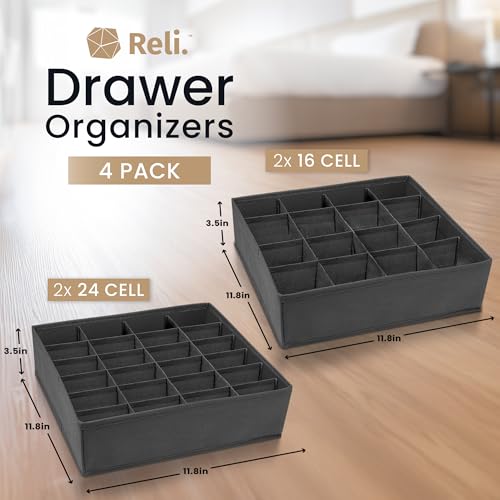 Reli. Sock Organizer (4 Pack) | 16+24 Cell Underwear Organizer | Drawer Dividers for Underwear, Socks, Ties, Belt | Foldable Fabric Storage Bins for Drawer, Closet, Dresser | 11.8 x 11.8 x 3.5 (Gray)