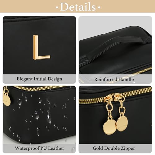 Personalized Initial Makeup Bag Gifts for Women, Large Travel Cosmetic Organizer with Handle & Divider, PU Leather Toiletry Bag for Girls, Birthday Bridesmaid Gift Set - Black - L - color: Black, style: L