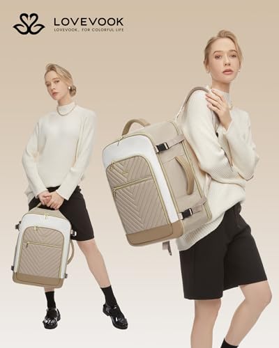 LOVEVOOK Large Travel Backpack for Women, TSA Carry on Backpack for Airplanes, 40L Personal Item Travel Bag for Women fits 17" Laptop,Waterproof Carry on Bag Airplane Approved with 3 Packing Cubes - color: Khaki - Beige - Abricot, size: 40L-4Pcs