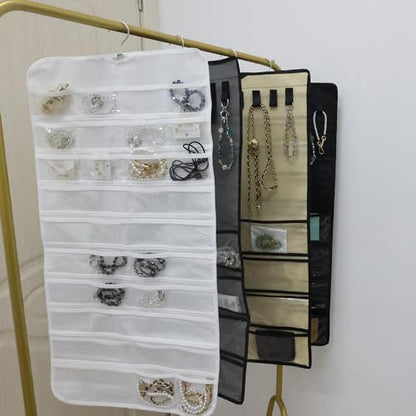 Hanging Jewelry Organizer Pockets Canvas Double Sided Rotating Hanger Necklace Hanging Wall Organizer Jewelry Roll for Earrings, Necklaces,Sunglasses,rings (80-Pocket WHITE) - color: White
