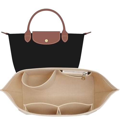 Felt Purse Organizer Insert Compatible with Longchamp Le Pliage S Hangbag, Zipper Long Champ Small Handbag Organizer with Cup Holder, 7 Compartments Bag Insert(Beige,S) - color: Beige, size: S Handbag