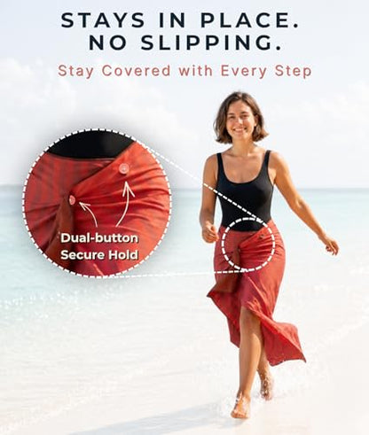 3-in-1 Wearable Beach Wrap & Lightweight Travel Towel – Sarong with Secure Button Closure, Quick-Dry Sand-Free Microfiber, Adjustable Fit (64”x33”, Fits S–4X), Compact Pool & Beach Essential - color: Red - Orange Wave