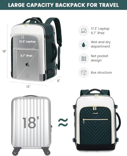 LOVEVOOK Large Travel Backpack for Women, TSA Carry on Backpack for Airplanes, 40L Personal Item Travel Bag for Women fits 17" Laptop,Waterproof Carry on Bag Airplane Approved with 3 Packing Cubes - color: Deep Water Green, size: 40L-4Pcs