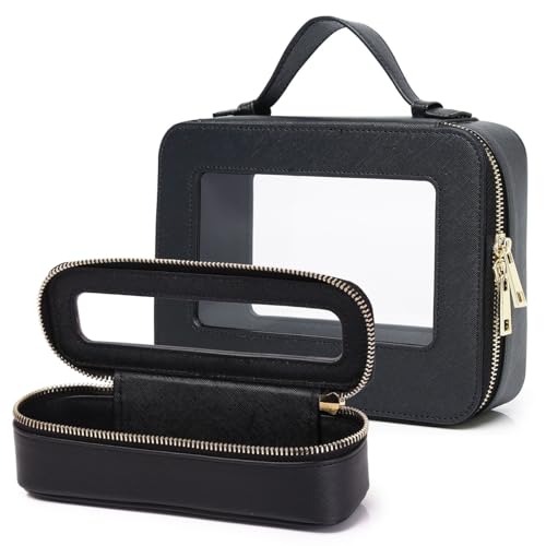 Pinkmik Travel Clear Makeup Bag with Brush Bag Portable Cosmetic Bag Case Transparent Toiletry Bag Cosmetic Organizer Storage Bag for Women (Black, L+SLIM) - color: Black, size: L+SLIM
