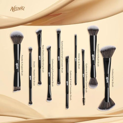 10 PCS Travel Makeup Brush Set With Bag, Makeup Brushes, Double-End Multi-functional Brushes for Foundation Powder Blush Eyeliner Eyeshadows, Professional Face Brush Set（Black） - color: 10Pcs-Black