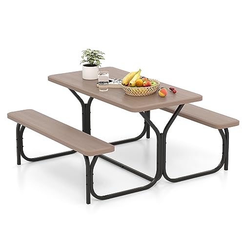 Giantex Picnic Table Bench Set Outdoor Camping All Weather Metal Base Wood-Like Texture Backyard Poolside Dining Party Garden Patio Lawn Deck Furniture Large Camping Picnic Tables for Adult - color: Coral Reef