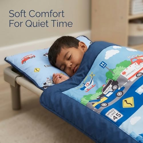 EVERYDAY KIDS Toddler Nap Mat with Removable Pillow -Fire Police Rescue- Carry Handle Fastening Straps Closure, Rollup Design, Soft Microfiber for Preschool, Daycare, Sleeping Bag -Ages 2-6 Years - color: Fire Police Rescue