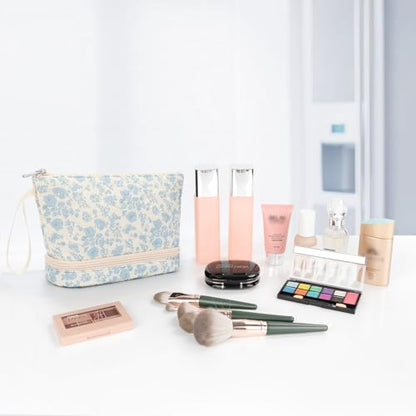 Ethereal Small Makeup Bag, 2 Layers Travel Make up Organizer Bag with Makeup Brush Holder, Portable Cosmetic Bag for Women/Girls, Blue Flower - color: 02-blue flower