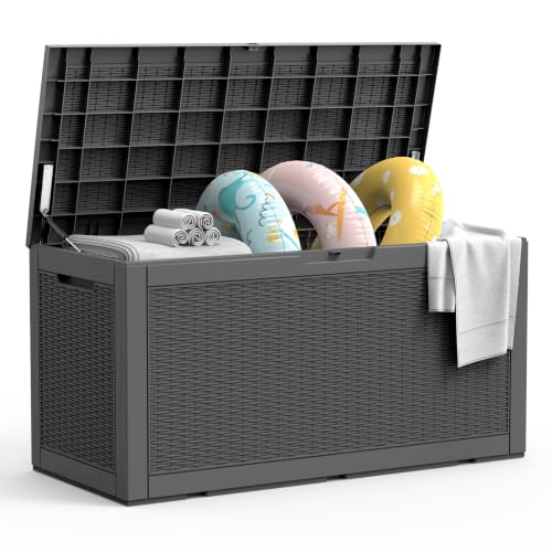 LubanNese 100 Gallon Outdoor Deck Box, Lockable Waterproof Storage Container, Resin Weatherproof Box for Patio Garden Pool Toys Tools Cushions, Black - color: Black, size: 100 Gallon