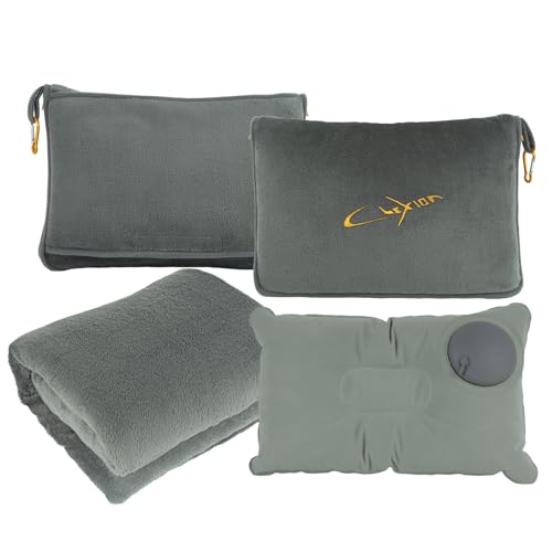 Travel Blanket and Pillow Set for Airplane, 300 GSM Soft Fleece Compact Travel Blanket with Inflatable Pillow and Carry Bag, 60x43 Inches, Grey - color: Grey