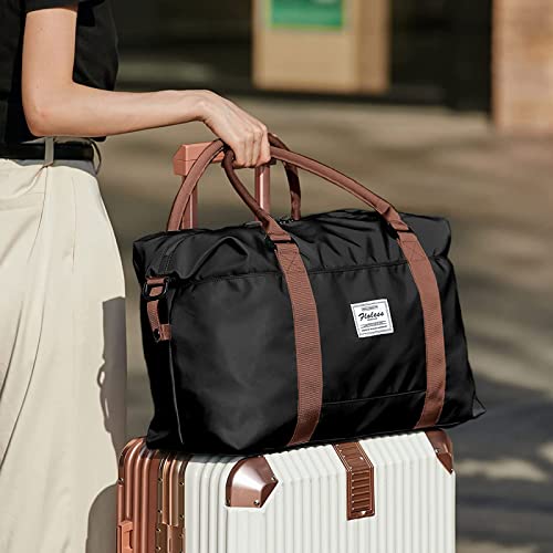 Sport Travel Duffle Bag Large Gym Tote Bag for Women, Weekender Bag Carry on Bag for Airplane, Ladies Beach Overnight Luggage Bag with Wet Pocket Black Large - color: Black with Brown Handle