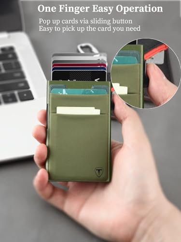 TOYFID Slim Wallet for Men - Pop Up Card Holder Wallet,Minimalist Business Wallet,Credit Card Wallet with Money Pocket,Metal Card Case Wallet,RFID Blocking,Can Hold 6 Credit Cards - color: green B