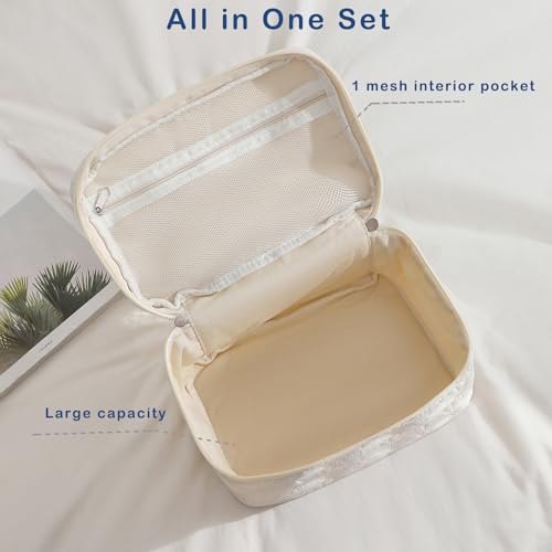 RSRSLEII 3Pcs Quilted Cotton Coquette Makeup bag, Coastal Granddaughter Aesthetic Cosmetic Bag, Cute Seashell Portable Travel Toiletry Pouch (08 3Pcs White) - color: 08 3Pcs White