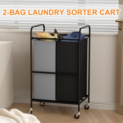 2 Section Laundry Hamper, 80L Large Rolling Laundry Sorter Cart, Laundry Basket with Lockable Wheels & Removable Bags, Laundry Room Organization for Dirty Clothes Storage - size: 2 Section Bags