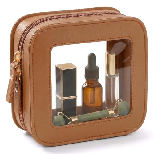 LETGO Clear Makeup Brush Bag Pouch, Waterproof PU Leather Portable Makeup Bag Holder with Transparent Window, Travel Lipstick Case Pouch Car Organizer and Storage, Square, Brown - color: Brown, style: Square