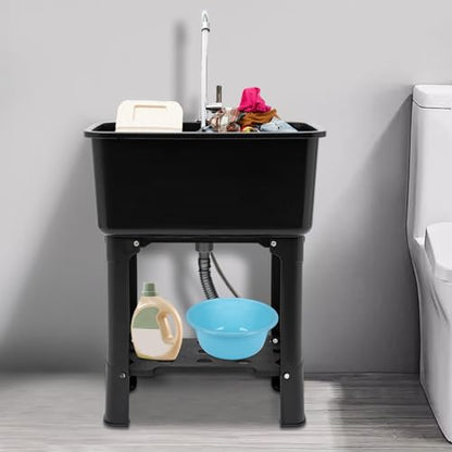Utility Sink Laundry Tub, Indoor Outdoor Utility Sink with 360° Rotating Faucet, Hoses and Drain Kit, Freestanding Utility Sink for Laundry Room, Garage, Garden - color: Black, 23.6 x 15.8 x 30.1in