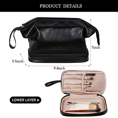 Abiudeng Large Capacity Makeup Bag Ladies Cosmetic Bag Travel Bag with Compartments Portable PU Leather Travel Makeup Bag with Handle - color: Black