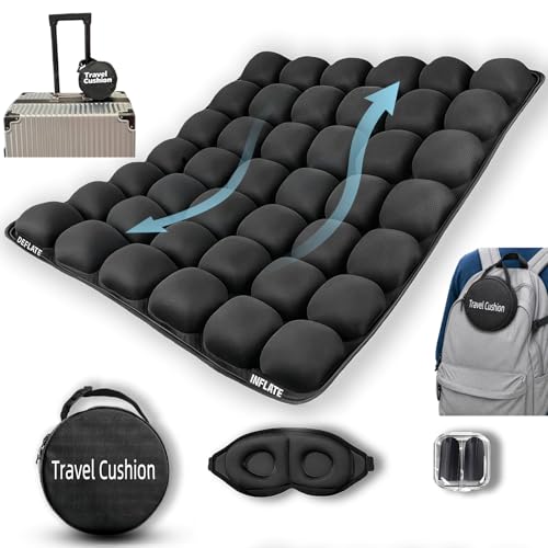 Soundur Travel Cushion Airplane Seat,Inflatable Air Bubble Design with Storage Bag for Car/Office/Kitchen Chairs.42 Air Cells, Adjustable Firmness, Non-Slip Bottom