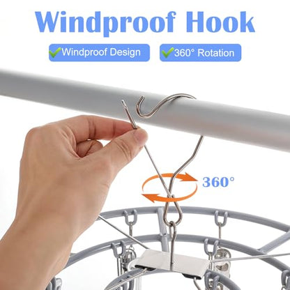 2 Pack Clothes Drying Rack with 24 Clips, Stainless Steel Clothes Drying Hanger, Swivel Windproof Round Dry Rack, Heavy Duty Underwear Hanger for Indoor Outdoor Wet and Dry (Grey)