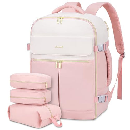 LOVEVOOK 40L Large Travel Backpack for Women, Flight Approved, Waterproof, TSA Compliant, Fits 17.3'' Laptop, 17 Pockets, 3 Packing Cubes - color: Beige-pink, size: 40L-17.3 Inch-4Pcs