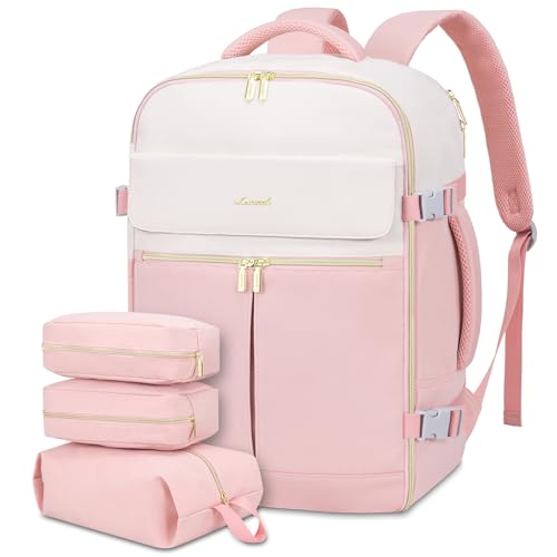 LOVEVOOK 40L Large Travel Backpack for Women, Flight Approved, Waterproof, TSA Compliant, Fits 17.3'' Laptop, 17 Pockets, 3 Packing Cubes - color: Beige-pink, size: 40L-17.3 Inch-4Pcs