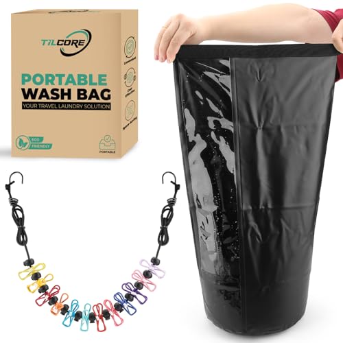 Travel Washing Machine & Retractable Clothesline - Hand Washing Machine & Portable Clothes Washer - Durable Travel Laundry Wash Bag & Camping Washing Machine - Portable Manual Clothes Washer - color: Black