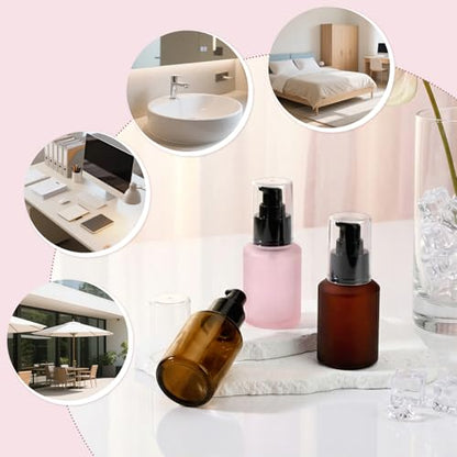 Segbeauty 2oz Frosted Glass Travel Pump Bottles for Toiletries, 3pcs Refillable Cosmetic Pump Dispensers Empty, 60ml Travel Cream Oil Foundation Bottles, Liquids Serum Containers in Mixed Color - color: Amber Pink Red, style: 3pcs 2oz