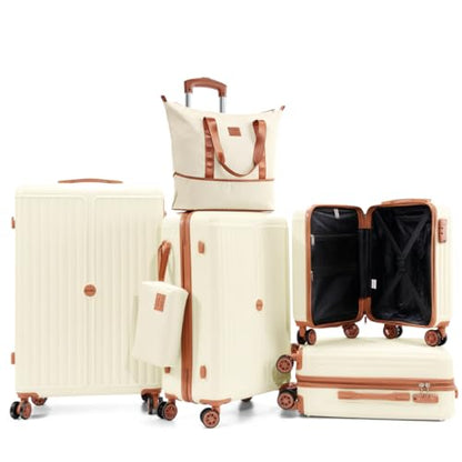 Hoteel Luggage Set 6 Piece, 4-Year Warranty, PC+ABS Suitcases with Wheels Hard Shell Suitcase with TSA Lock, Including Waterproof Luggage Bag, Travel Maletas for Men and Women, Beige(16/20/24/28Inch) - color: Beige, size: 6 Piece Set (16/20/24/28/Expandab