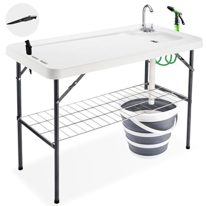 Folding Fish Cleaning Table with Collapsible Bucket, Portable Outdoor Fillet Station Camping Sink Table with Faucet, Drainage Hose & Sprayer, Grid Rack, Knife Groove for Picnic Fishing