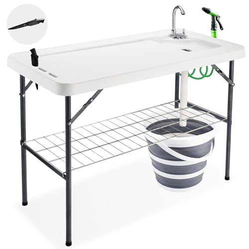 Folding Fish Cleaning Table with Collapsible Bucket, Portable Outdoor Fillet Station Camping Sink Table with Faucet, Drainage Hose & Sprayer, Grid Rack, Knife Groove for Picnic Fishing