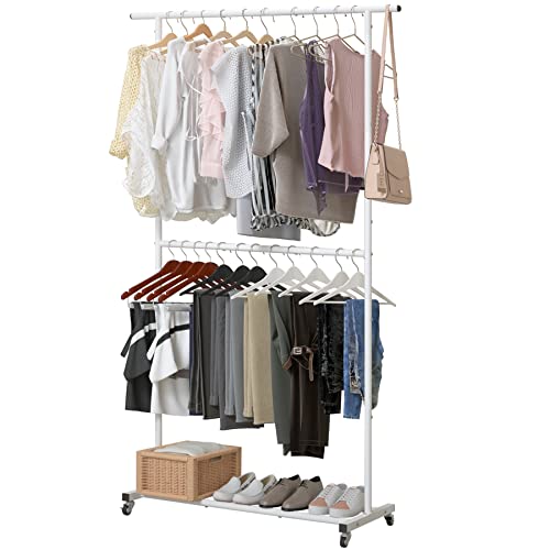 Sywhitta Double Rod Clothing Garment Rack, Rolling Clothes Organizer on Wheels for Hanging Clothes, Easy to Assemble, Adjustable, White - color: White, size: No mesh
