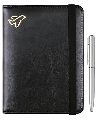 WALNEW Passport Holder for Travel, RFID Passport Cover Wallet for Women Men, PU Leather Passport Book Card Holder Case with Pen, Travelling Essentials for Flying - color: C-Black, style: Elastic Band Closure