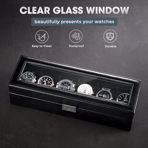 ProCase 6 Slot Watch Case Box for Men, PU leather Man Watch Organizer with Soft Pillow, Lockable Watch Collection Storage Holder with Glass Display Lid, Fathers Day Gift for Dad -AllBlack - color: AllBlack, size: 6-Slot