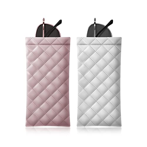 Squeeze Top Sunglass Pouch - Portable Sunglass Organizer Pouch Bags Soft PU Leather Glasses 2 Pack - color: Pink-white