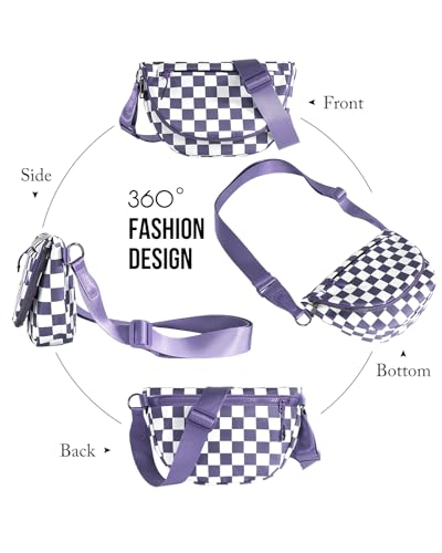 Crescent Bag for Women and Men, Fashion Medium Nylon Folding Crescent Moon Bag Single Shoulder Bag with Adjustable Strap - color: Crossbody bag- Cloud Purple Checkered