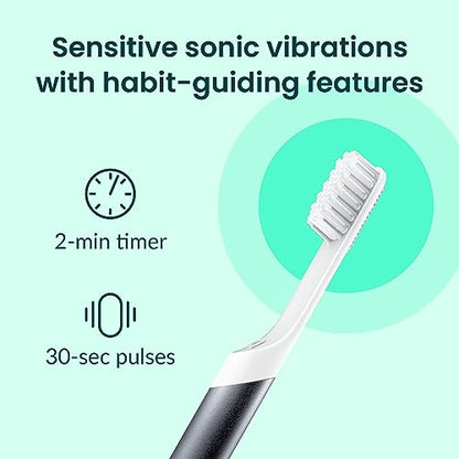 Quip Sonic Toothbrush for Adults with Timer - Includes Extra Brush Head and Travel Cover Mount - Electric, Soft Bristle Refill Head, Metal Handle, 3 Month Battery Life - Travel Toothbrush - Slate - color: Slate