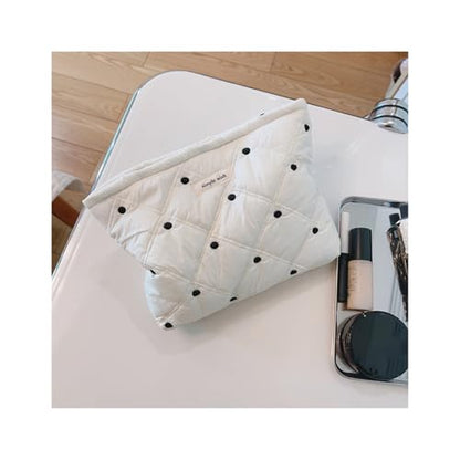 uekeboag White Quilted Cotton Makeup Pouch,Coquette Quilted Toiletry Bag for Women and Girls, Floral Coquette Organizer Bag, Aesthetic Travel Cosmetic Bags(01White Dots) - color: 01White Dots