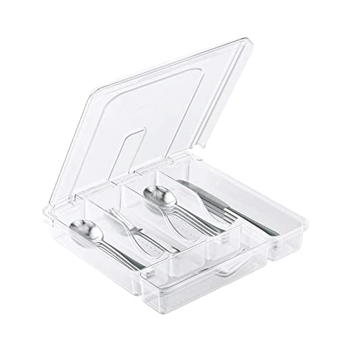 Utensil Holder for Countertop with Lid, Plastic Silverware Tray for Drawer, 5 Compartments Flatware Organizer,Transparent - color: Transparent