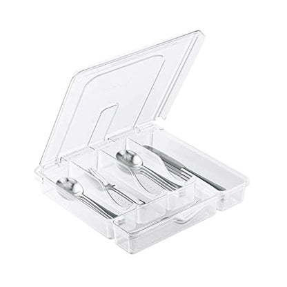 Utensil Holder for Countertop with Lid, Plastic Silverware Tray for Drawer, 5 Compartments Flatware Organizer,Transparent - color: Transparent
