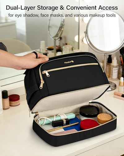 Hanke Travel Toiletry Bag, Lightweight Wide-open Makeup Bag, Dual-Layer Travel Bag for Toiletries Water-Resistant Cosmetic Bags Large Toiletry Bags for Women & Men, Travel Essentials, Black - color: Black