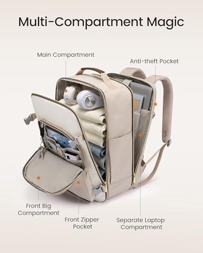 LOVEVOOK 40L Travel Backpack for Women & Men, Airline Approved Carry On Luggage with 3 Packing Cubes, TSA Overnight Bags, Waterproof Personal Item Bag, Weekender Essentials Backpacks fits 17" Laptop - color: Beige Yellow-beige-brown, size: Large