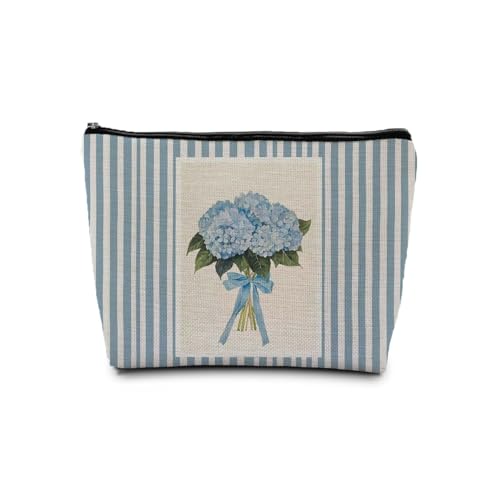 Blue Hydrangea Makeup Bag, Coquette Blue Bow Floral Cosmetic Bags Gifts for Women, Preppy Girly Striped Portable Travel Toiletry Bag Zipper Makeup Pouch - color: Flower two