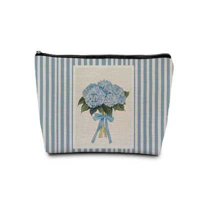Blue Hydrangea Makeup Bag, Coquette Blue Bow Floral Cosmetic Bags Gifts for Women, Preppy Girly Striped Portable Travel Toiletry Bag Zipper Makeup Pouch - color: Flower two